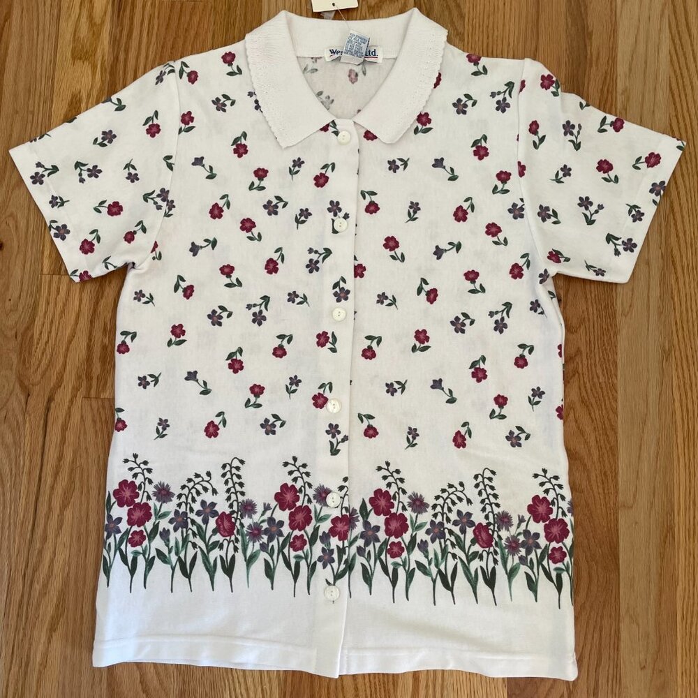 Westport Ltd. Womens Short Sleeve Button Front Shirt White Flower Print Sz M NWT